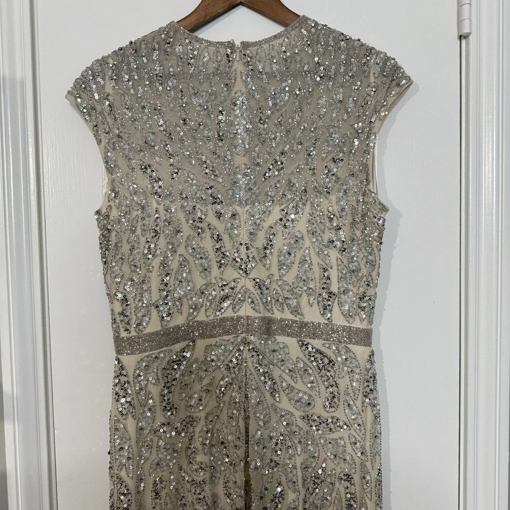 Mac Duggal Nude Silver Illusion Sheer Cap Sleeve Bead Sequin Belted Modest 5532 - Picture 8 of 16